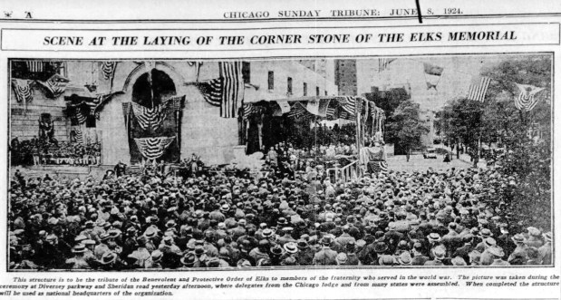 A photo published in the June 8, 1924, Chicago Tribune shows the large crowd gathered for the laying of the cornerstone at the Elks Memorial in Chicago to honor those who fought in World War I. (Chicago Tribune)