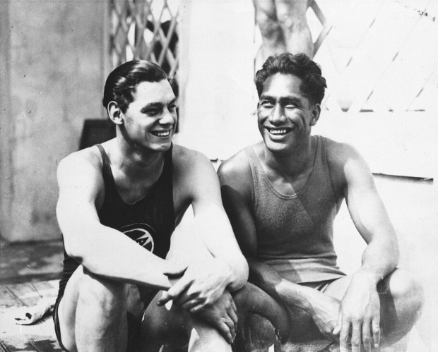 Olympians Johnny Weissmuller, left, and Duke Kahanamoku at the 1924 Olympic Games in Paris. (AP)