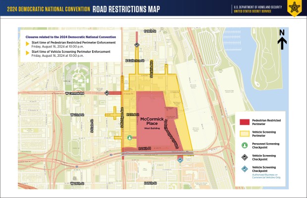 A maps showing restrictions McCormick Place for the 2024 Democratic National Convention. (United States Secret Service)