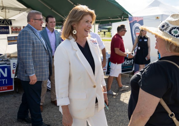 Then-Republican nominee for U.S. Senate Kathy Salvi greets people, July 31, 2022, at the DuPage County Fair in Wheaton. Salvi has been named chairman of the Illinois Republican Party. (Brian Cassella/Chicago Tribune)