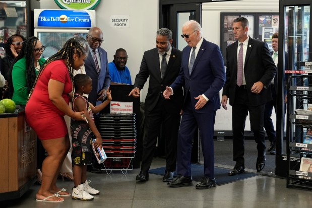 President Joe Biden greets people as he visits Mario's Westside Market in Las Vegas on July 16, 2024. (Susan Walsh/AP)