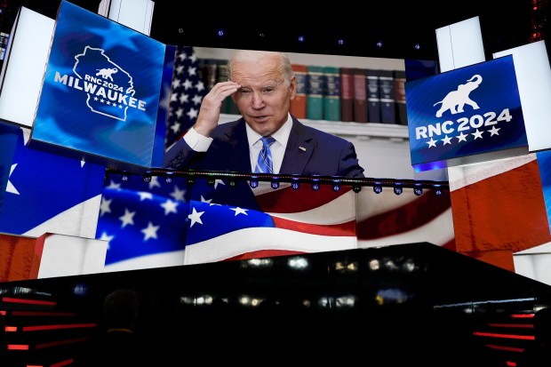 An image of President Joe Biden is projected on a screen during the final night of the 2024 Republican National Convention at the Fiserv Forum, Thursday, July 18, 2024, in Milwaukee. (Carolyn Kaster/AP)