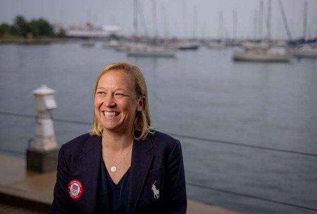 Olympic sailor Maggie Shea, of Wilmette, on Lake Michigan at the Chicago Yacht Club on July 9, 2024. (Brian Cassella/Chicago Tribune)