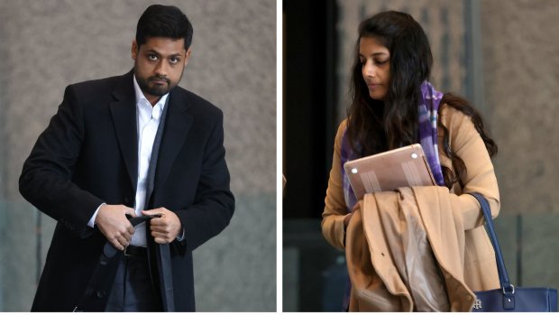 Outcome Health CEO Rishi Shah, left, and President Shradha Agarwal arrive to the Dirksen U.S. Courthouse on Jan. 24, 2023. (Antonio Perez/Chicago Tribune)