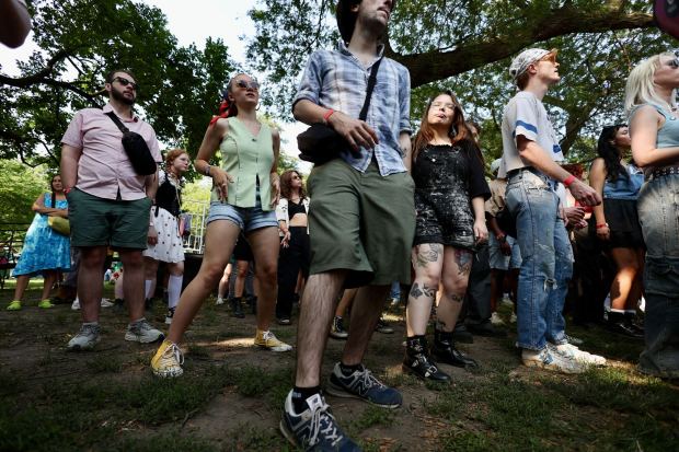 People dance to the music of a DJ named Doss during Pitchfork Music Festival at Union Park, July 19, 2024, in Chicago. (John J. Kim/Chicago Tribune)