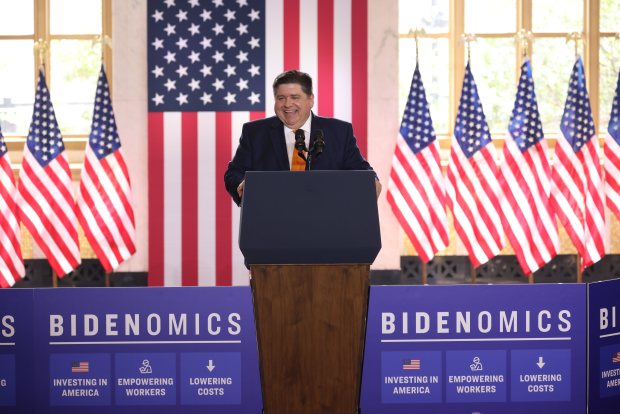 Gov. J.B. Pritzker speaks at President Joe Biden's appearance on June 28, 2023, at the Old Post Office in Chicago, where Biden talked about his economic policies. (Brian Cassella/Chicago Tribune)