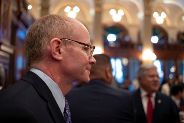 Senate President Don Harmon arrives before Gov. J.B. Pritzker delivered his State of the State and budget address at the Illinois State Capitol on Feb. 21, 2024. (Brian Cassella/Chicago Tribune)