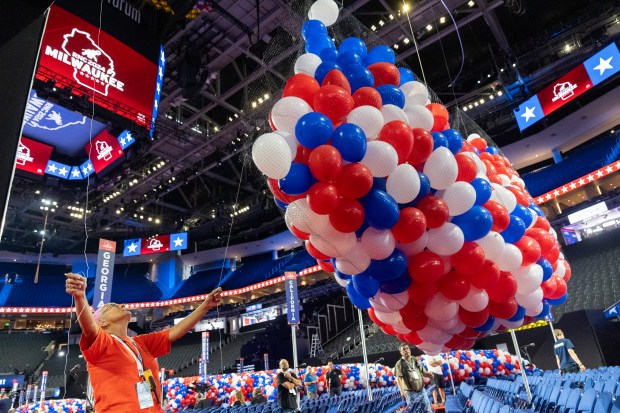 Bags of balloons are hoisted to the ceiling in the Fiserv Forum ahead of the 2024 Republican National Convention, July 12, 2024, in Milwaukee. (Alex Brandon/AP)