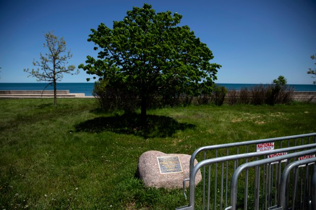 A memorial stands commemorating the spot where Eugene Williams was killed, starting the 1919 race riot, near 29th Street and the lakefront, May 23, 2019. (E. Jason Wambsgans/Chicago Tribune)