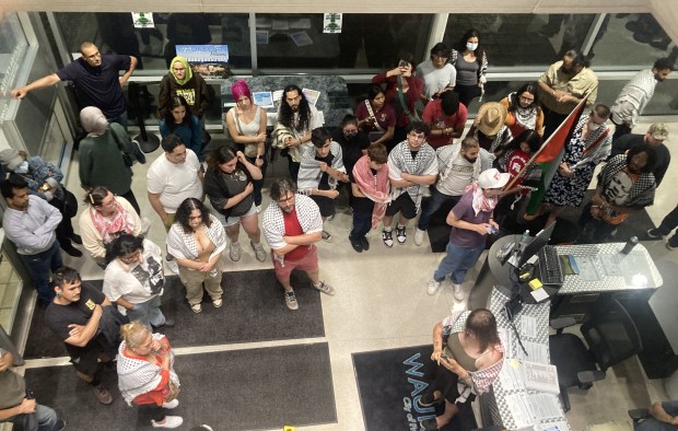 Demonstrators favoring a cease-fire resolution take their protest to the Waukegan City Hall lobby. (Steve Sadin/For the Lake County News-Sun)