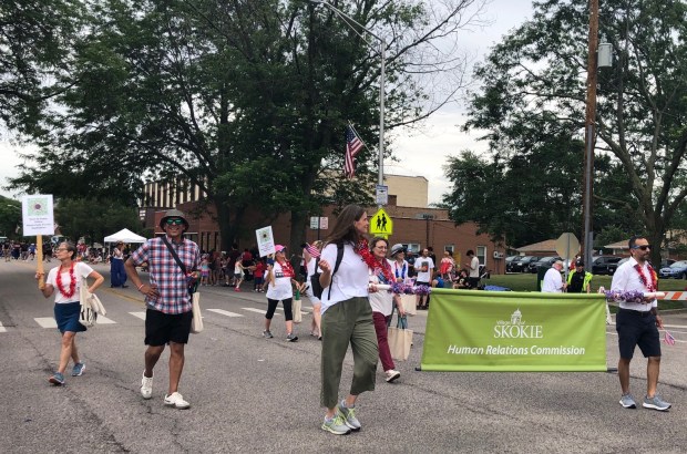 In Skokie's 2024 July Fourth parade, members of the Human Relations Commission marched. (Pam DeFiglio, Chicago Tribune/Pioneer Press)