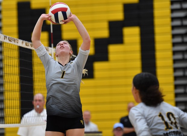 Metea Valley's Katie Schuele sets the ball for teammate Anna Murphy (10) during the Class 4A Metea Valley Regional final against St. Charles North in Aurora on Thursday, Oct. 26, 2023...(Jon Cunningham for The Beacon-News)