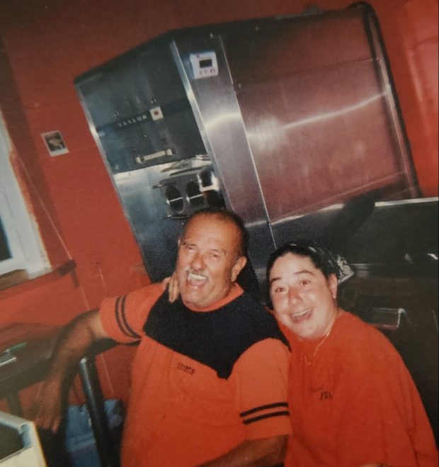 "King of Pizza" Gary Schaefer, left, poses with Tina Zwolski in 2005 after he helped her start Chumly's Pizza in Shabbona (submitted by Tina Zwolski)