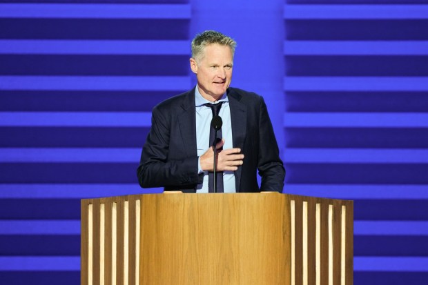 Steve Kerr, head coach of the Gold State Warriors and Team USA men's basketball team, speaks on the first night of the Democratic National Convention at the United Center in Chicago on Monday, Aug. 19, 2024. (Ruth Fremson/The New York Times)