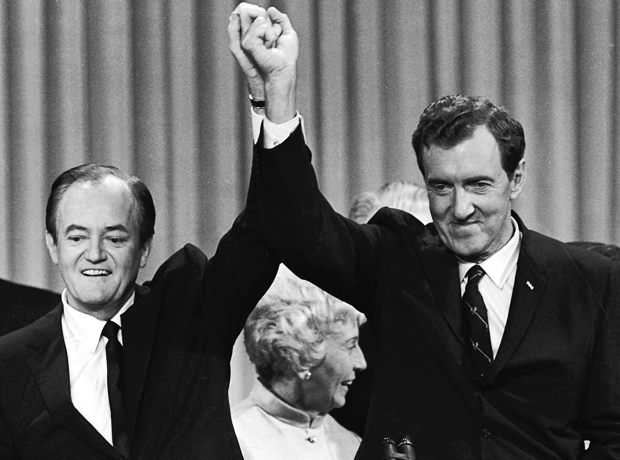 Vice President Hubert H. Humphrey, left, and his running mate,...