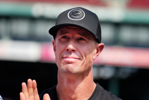 Former Atlanta Falcons quarterback Matt Ryan during ceremonies on the 10th anniversary of the Ice Bucket Challenge at Fenway Park on Aug. 1, 2024, in Boston. (AP Photo/Michael Dwyer)