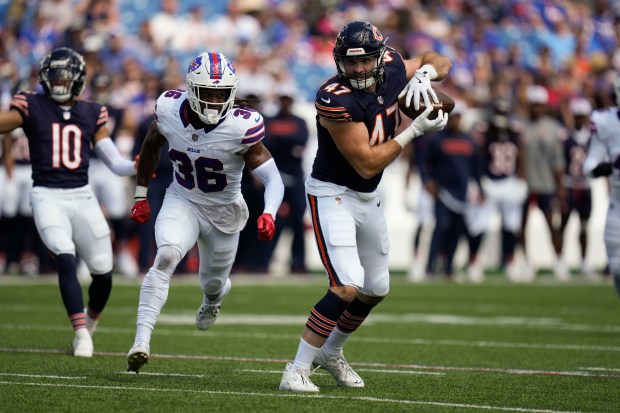 Tommy Sweeney makes a catch during the second half of a preseason game against the Bills on Aug. 10, 2024, in Orchard Park, NY. (AP Photo/Seth Wenig)