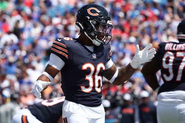 Bears safety Jonathan Owens lines up during the first half of a preseason game against the Bills in Orchard Park N.Y., on Aug. 10, 2024. (AP Photo/ Jeffrey T. Barnes)