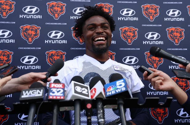 Tyrique Stevenson speaks with the media on the first day of Bears rookie minicamp at Halas Hall on May 5, 2023, in Lake Forest. (Stacey Wescott/Chicago Tribune)