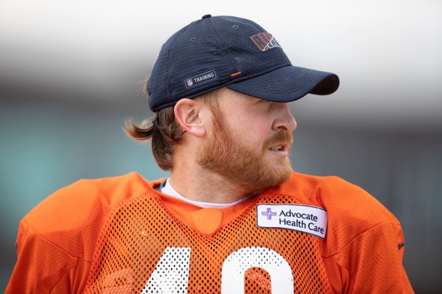 Chicago Bears long snapper Patrick Scales at practice on, Sept. 30, 2020, at Halas Hall. (Erin Hooley/Chicago Tribune)