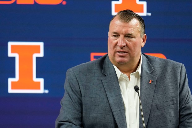 Illinois coach Bret Bielema speaks at Big Ten media days at Lucas Oil Stadium on July 23, 2024, in Indianapolis. (AP Photo/Darron Cummings)