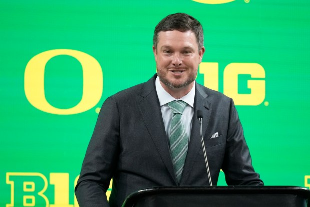 Oregon coach Dan Lanning speaks at Big Ten media days at Lucas Oil Stadium on July 25, 2024, in Indianapolis. (AP Photo/Darron Cummings)