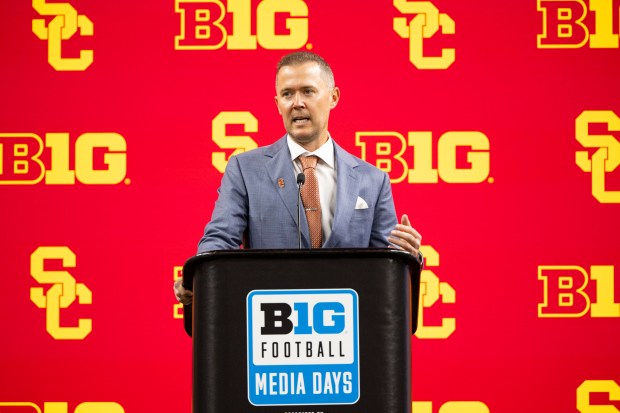 Southern California coach Lincoln Riley talks at Big Ten media days at Lucas Oil Stadium on July 24, 2024, in Indianapolis. (AP Photo/Doug McSchooler)