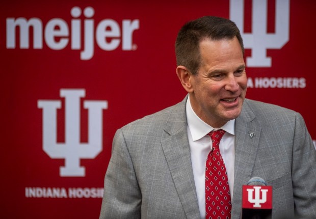 Indiana coach Curt Cignetti speaks to the media on Dec. 1, 2023, in Bloomington, Ind. (Rich Janzaruk/The Herald-Times via AP)