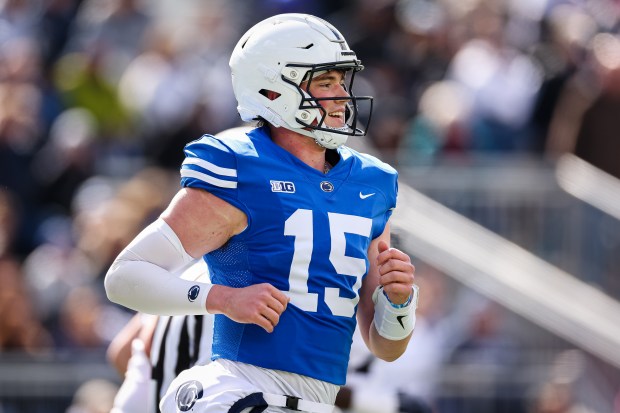 Drew Allar reacts after a throwing a touchdown pass during the Penn State spring game at Beaver Stadium on April 13, 2024, in State College, Pa. (Scott Taetsch/Getty Images)