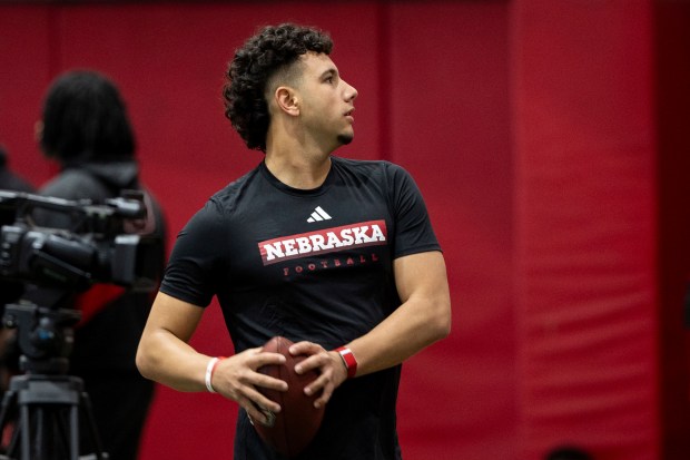 Nebraska quarterback Dylan Raiola throws passes for teammates during the team's pro day on March 20, 2024, in Lincoln, Neb. (Anna Reed/Omaha World-Herald via AP)