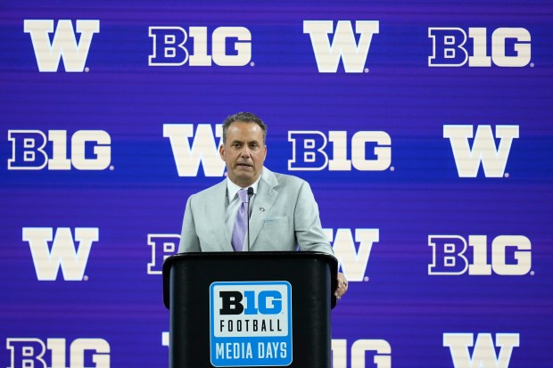 Washington coach Jedd Fisch speaks during Big Ten media days at Lucas Oil Stadium on July 25, 2024, in Indianapolis. (AP Photo/Darron Cummings)