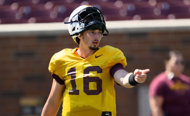 Minnesota quarterback Max Brosmer during the team's practice at Huntington Bank Stadium in Minneapolis on Aug., 13 2024. (John Autey / St. Paul Pioneer Press)