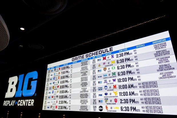 The football game schedule is shown on screen during a preview of the Big Ten's new centralized replay center in Rosemont on Aug. 27, 2024. (Tess Crowley/Chicago Tribune)