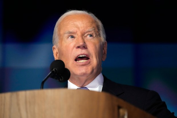 President Joe Biden speaks during the first day of Democratic National Convention, Monday, Aug. 19, 2024, in Chicago. (AP Photo/Jacquelyn Martin)