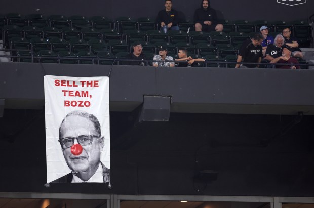 A sign depicting White Sox chairman Jerry Reinsdorf as Bozo the clown is seen hanging in the 300 level of Guaranteed Rate Field on May 23, 2024. (Chris Sweda/Chicago Tribune)