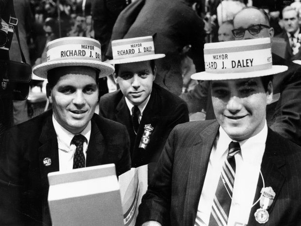 Mayor Richard J. Daley's sons, Richard, left, Michael and William, participate in the Democratic National Convention in Chicago in August 1968. (Tribune archive photo)