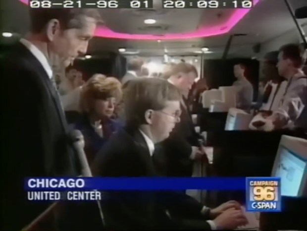 Democratic National Convention Chairman Don Fowler and CEO Debra DeLee give reporters an internet demonstration during the 1996 Democratic National Convention in Chicago. (C-SPAN)