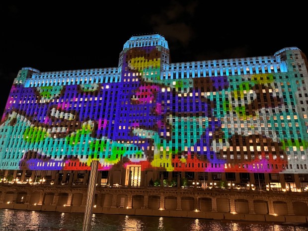 Video art by Cory Arcangel on Aug. 10, 2024, part of the current projects for Art on the Mart in Chicago, best viewed from the west end of the Riverwalk. (Doug George / Chicago Tribune)