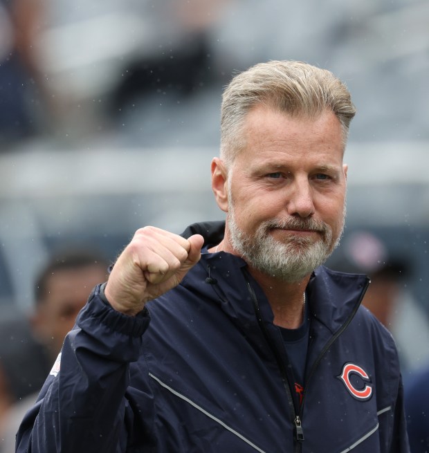 Bears head coach Matt Eberflus acknowledges fans before a preseason game against the Bengals at Soldier Field on Aug. 17, 2024, in Chicago. (John J. Kim/Chicago Tribune)