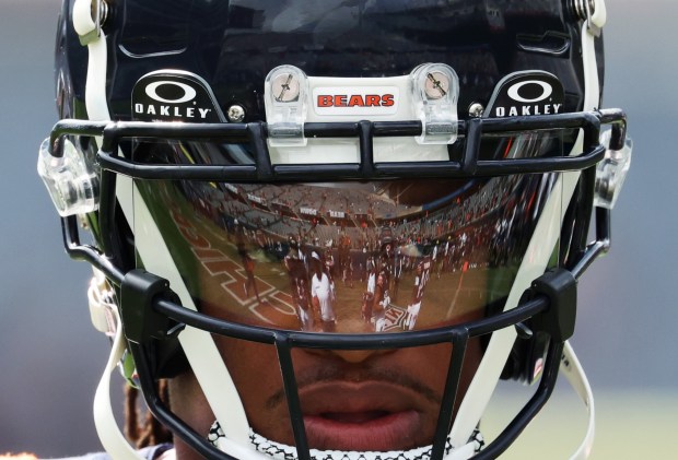 The stands are reflected in the eye shield of Bears wide receiver Velus Jones Jr.'s helmet before a preseason game against the Bengals at Soldier Field on Aug. 17, 2024, in Chicago. (John J. Kim/Chicago Tribune)