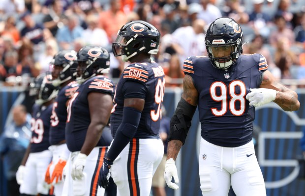 Bears defensive end Montez Sweat (98) waits for play the resume in the first quarter against the Bengals in a preseason game at Soldier Field on Aug. 17, 2024, in Chicago. (John J. Kim/Chicago Tribune)