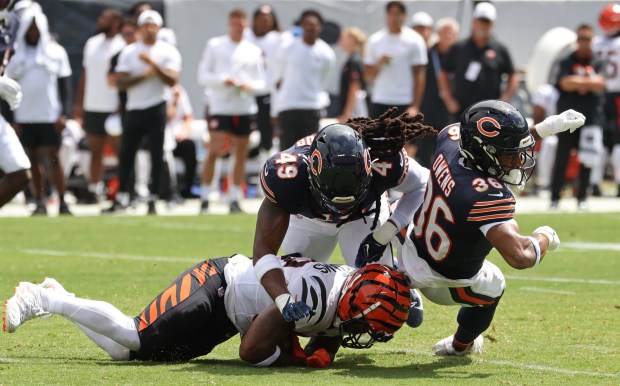 Bears linebacker Tremaine Edmunds (49) and safety Jonathan Owens (36) tackle Bengals running back Trayveon Williams in the first quarter of a preseason game at Soldier Field on Aug. 17, 2024. (John J. Kim/Chicago Tribune)