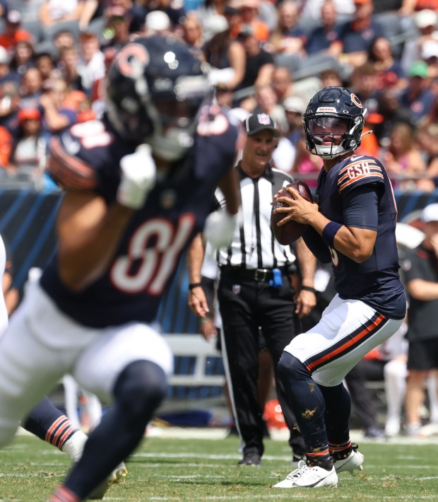 Bears quarterback Caleb Williams looks to throw in the second quarter against the Bengals in a preseason game at Soldier Field on Aug. 17, 2024. (John J. Kim/Chicago Tribune)