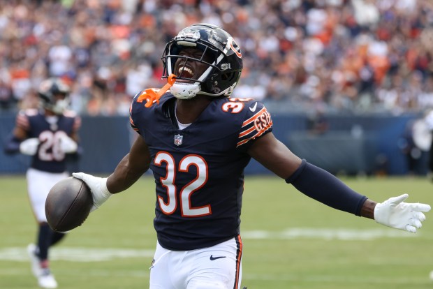 Bears cornerback Terell Smith (32) celebrates after making an interception against the Bengals in the third quarter of a preseason game at Soldier Field on Aug. 17, 2024, in Chicago. (John J. Kim/Chicago Tribune)