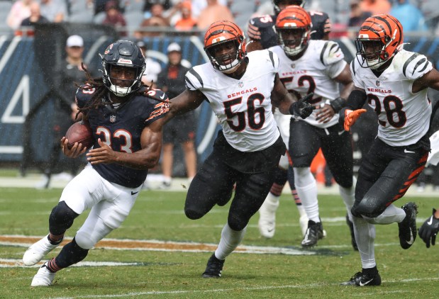 Bears running back Ian Wheeler (33) rushes in the third quarter against the Bengals in a preseason game at Soldier Field on Aug. 17, 2024, in Chicago. (John J. Kim/Chicago Tribune)