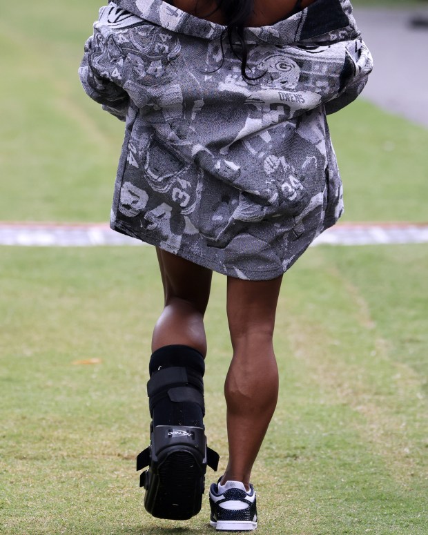 U.S. gymnast Simone Biles attends a preseason game between the Bears and Bengals at Soldier Field on Aug. 17, 2024, in Chicago. Biles's husband is Bears safety Jonathan Owens. (John J. Kim/Chicago Tribune)