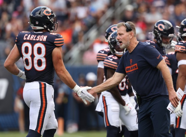 Bears tight end Stephen Carlson (88) gets a hand slap from coach Matt Eberflus in the third quarter against the Bengals in a preseason game at Soldier Field on Aug. 17, 2024. (John J. Kim/Chicago Tribune)