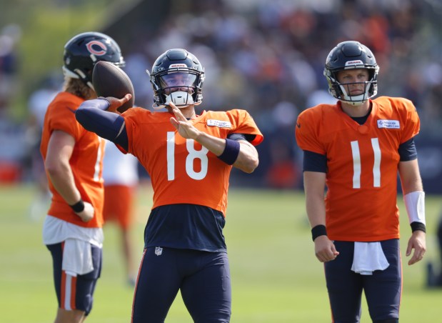 Bears quarterback Caleb Williams passes during training camp at Halas Hall on Aug. 7, 2024, in Lake Forest. (Stacey Wescott/Chicago Tribune)