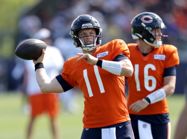 Bears quarterback Brett Rypien (throws the ball during training camp at Halas Hall on Aug. 7, 2024. (Stacey Wescott/Chicago Tribune)