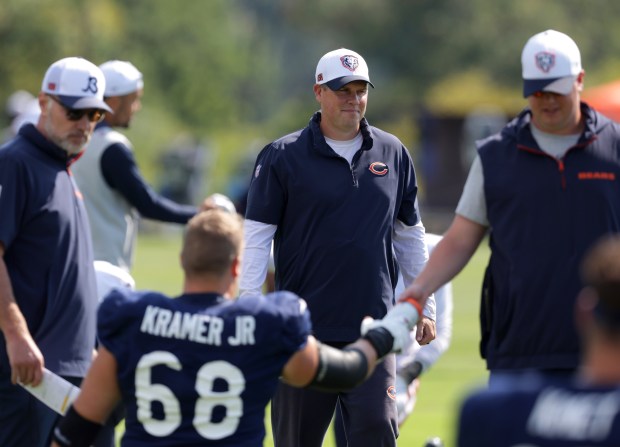 Bears offensive coordinator Shane Waldron during training camp at Halas Hall on Aug. 7, 2024. (Stacey Wescott/Chicago Tribune)